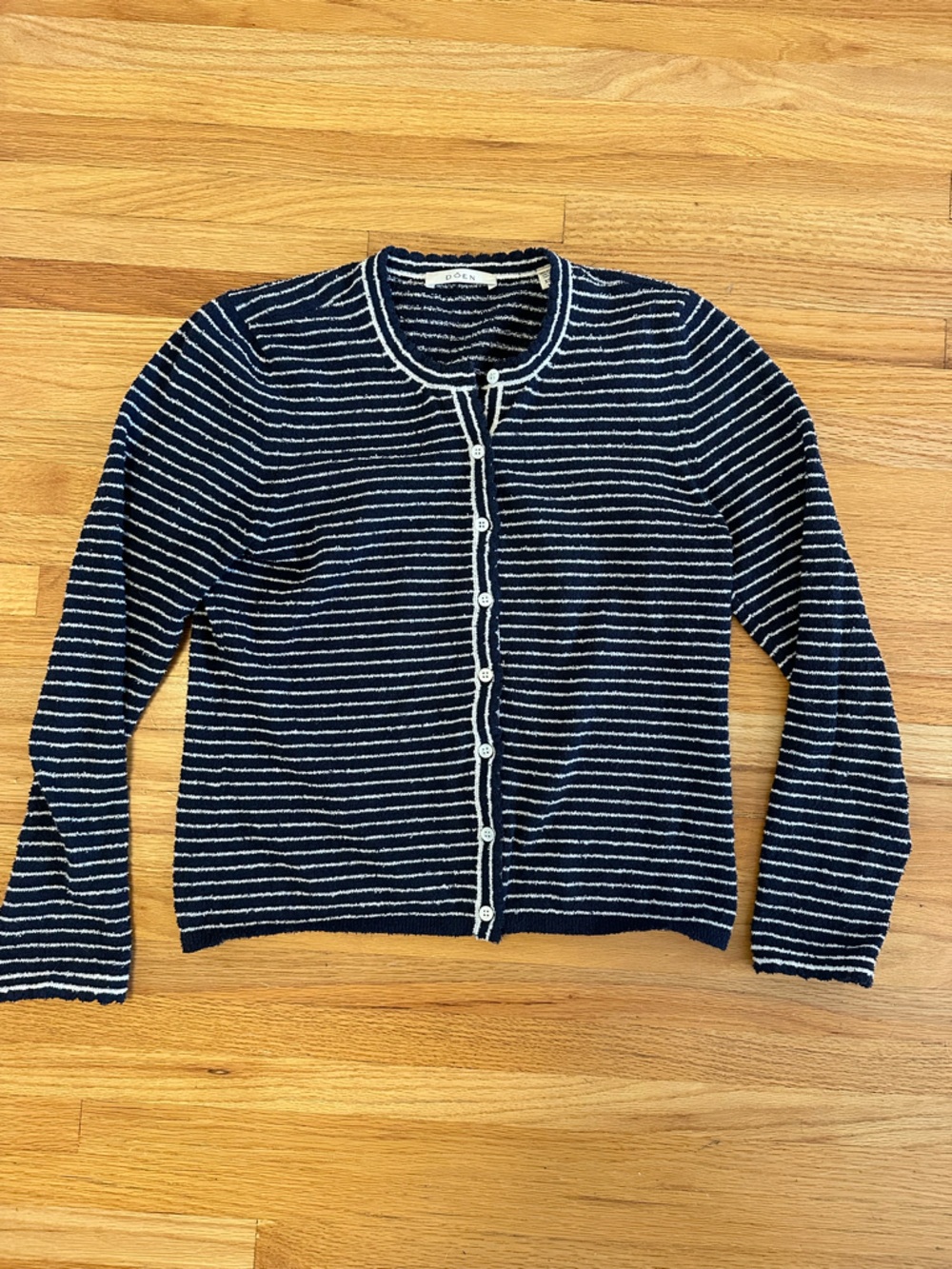 Doen Striped Navy and White Button-Front Women's Cardigan